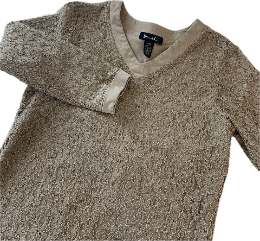 Vintage Denim & Co. Cottagecore Beige Lace Long Sleeve Blouse Size Large Neutral